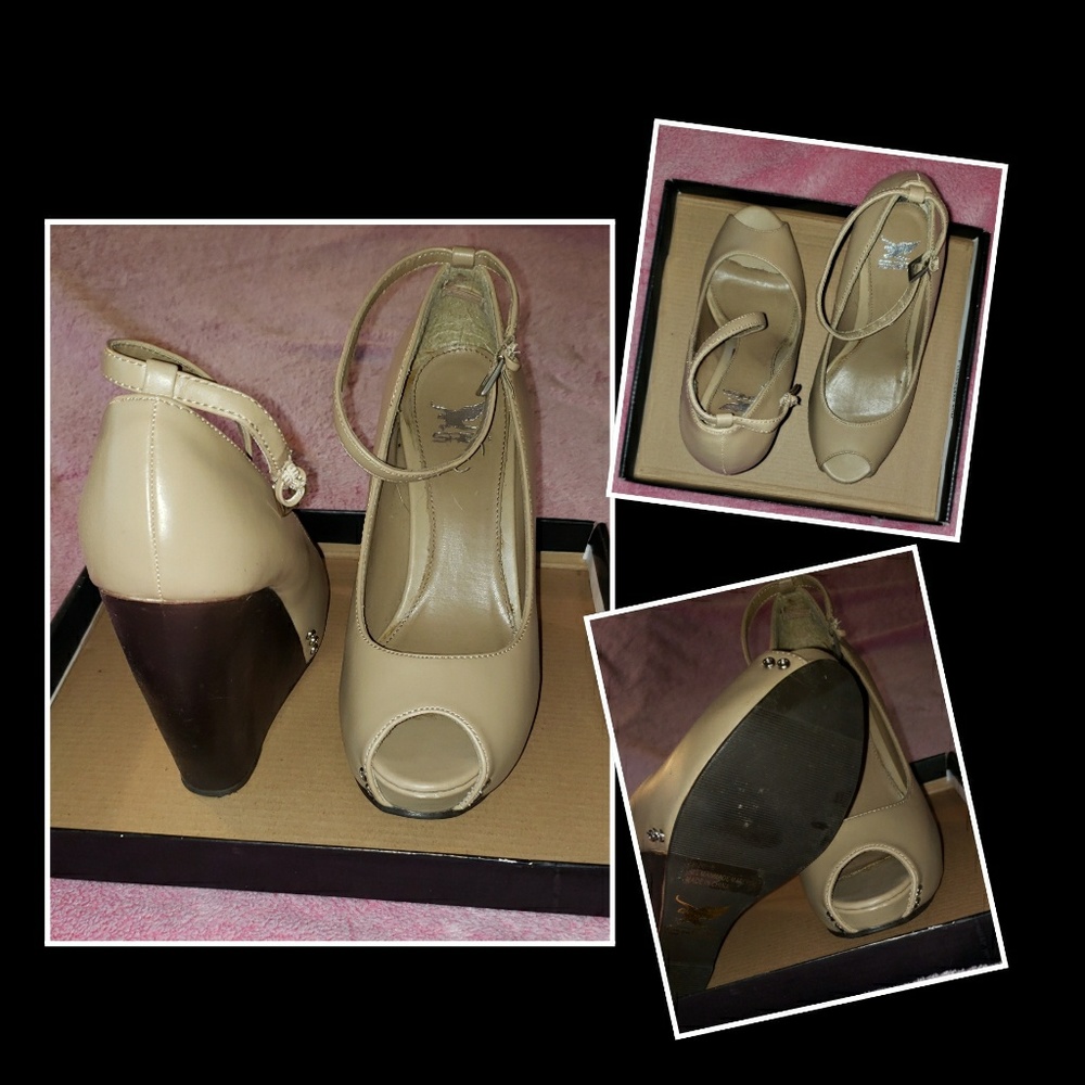 Beige Open Toe Ankle Strapped Wedge